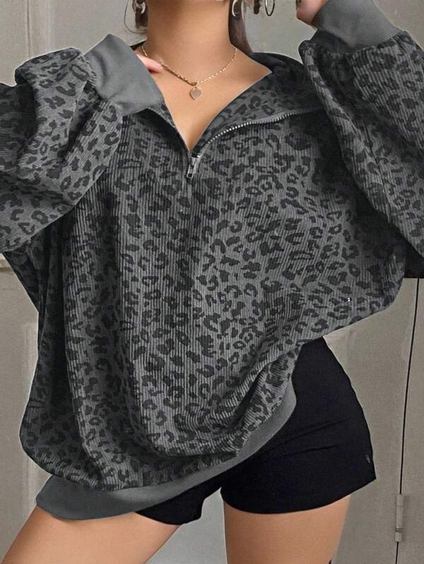 Dazy Plus Plus Size Women Zip-Up Leopard Print Loose Fit Pullover Sweatshirt, Street Style