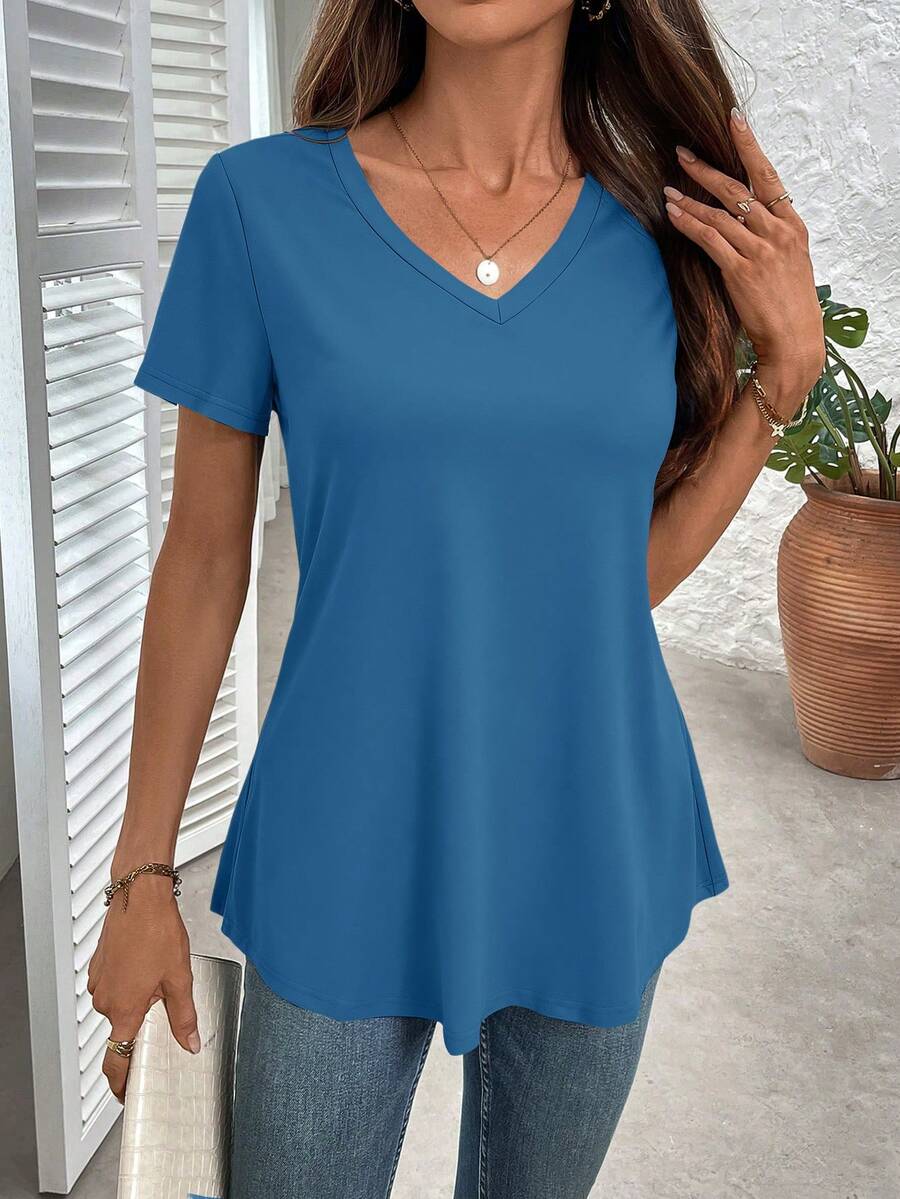SHEIN Clasi Áo thun nữ tay ngắn cổ chữ V màu trơn đơn giản - Màu xanh lam - Xem 1