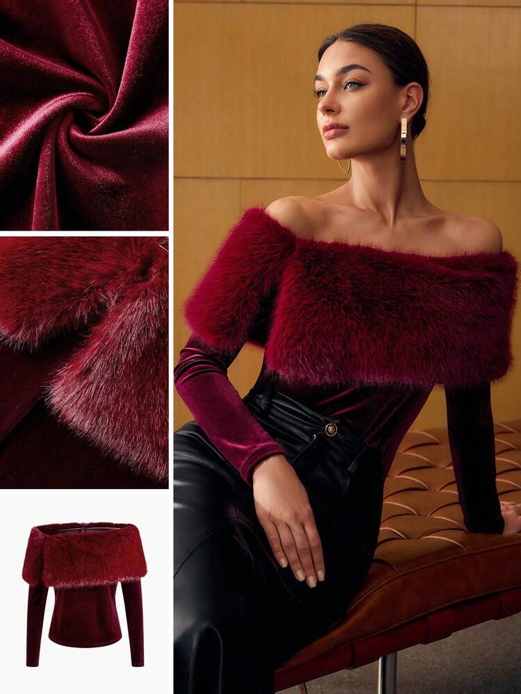 VELVET OFF SHOULDER FUZZY PANEL SLIM FIT TOP