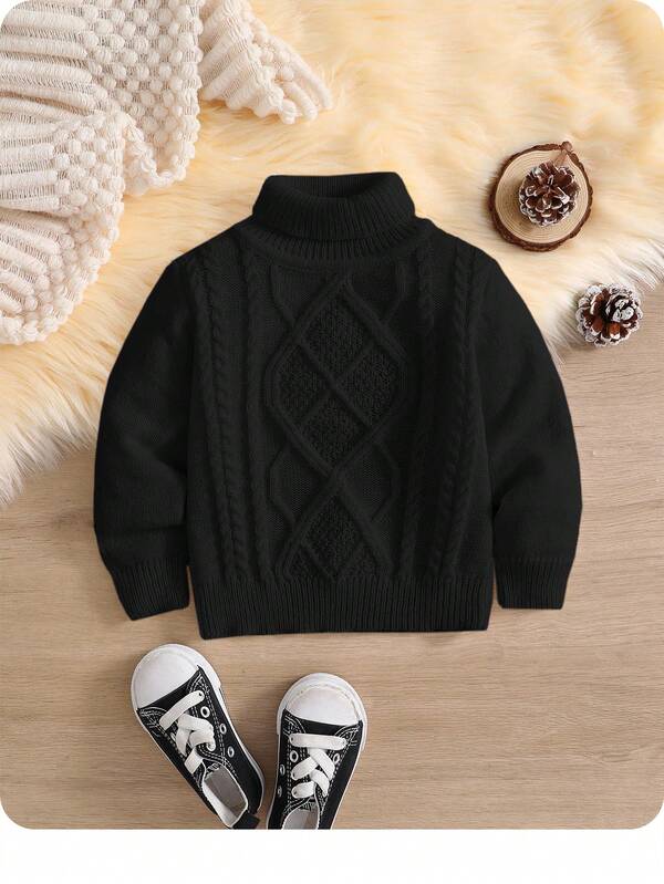SHEIN Baby/Toddler High Neck Vintage Textured Knit Warm Comfortable Casual Loose Pullover Sweater, Suitable For School, Home, And Outings, Autumn/Winter