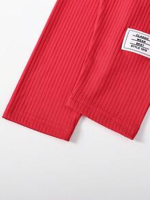 SHEIN 2 件套女婴春秋罗纹领草莓印花运动衫和修身打底裤套装，简约可爱运动休闲装 - 紅色 - 查看 4