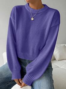 SHEIN LUNE Áo len nữ cổ tròn tay dài màu trắng đơn giản, thoải mái - Bold Plum - Xem 4