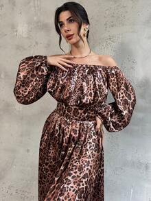 Firerie Women's Elegant Brown Leopard Print Off Shoulder Maxi A-Line Dress,Seductive Cinched Waist Lantern Sleeve Autumn Party Fashion Exquisite Date Gown - Brown - View 4