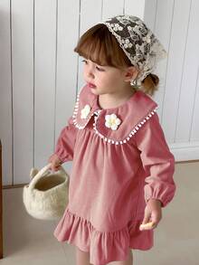 SHEIN Abito da bambina con colletto floreale, patchwork e balze sul fondo, carino ed elegante per uso quotidiano, vacanze e casual - Rosa - Visualizzare 5