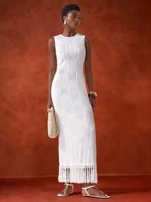 Zivah 2025 Summer New Casual Vacation Elegant Round Neck Sleeveless Slim Fit White Texture Knitted Splicing Tassel Hem Women Midi Dress, Commuter,Seaside, Vacation, Travel, Cruise, Beach, Boho, Nomadic, Daily Travel, Graduation, Brunch Outfit, Airport Outfit, Casual, Back To School-A