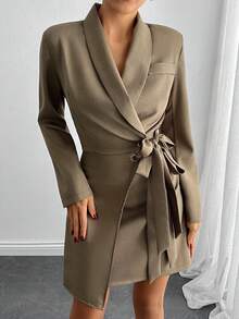 EURMUSE 女式棕色长袖束带西装外套和半身裙套装，前裹式 - 棕色 - 查看 6