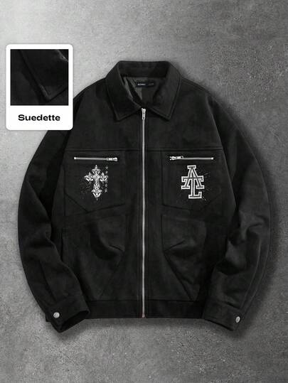 Street Life Giacca casual da uomo con stampa a croce e lettera, autunnale