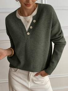 DAZY Casual Color Block Henley Neck Pullover, Soft Knit 2 In 1 Sweater For Women - Dark Green - View 5