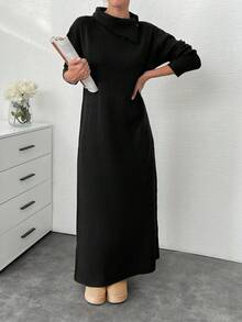 EURMUSE 女士纯色高领长袖宽松休闲长款毛衣连衣裙，秋冬 - 黑色 - 查看 3