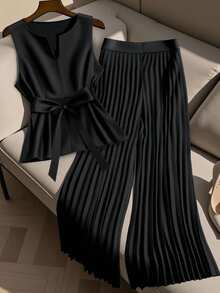 SHEIN PETITE Petite Women's Minimalist Commuter Pleated Straight Leg Pants + Sleeveless Blouse - Black - View 1