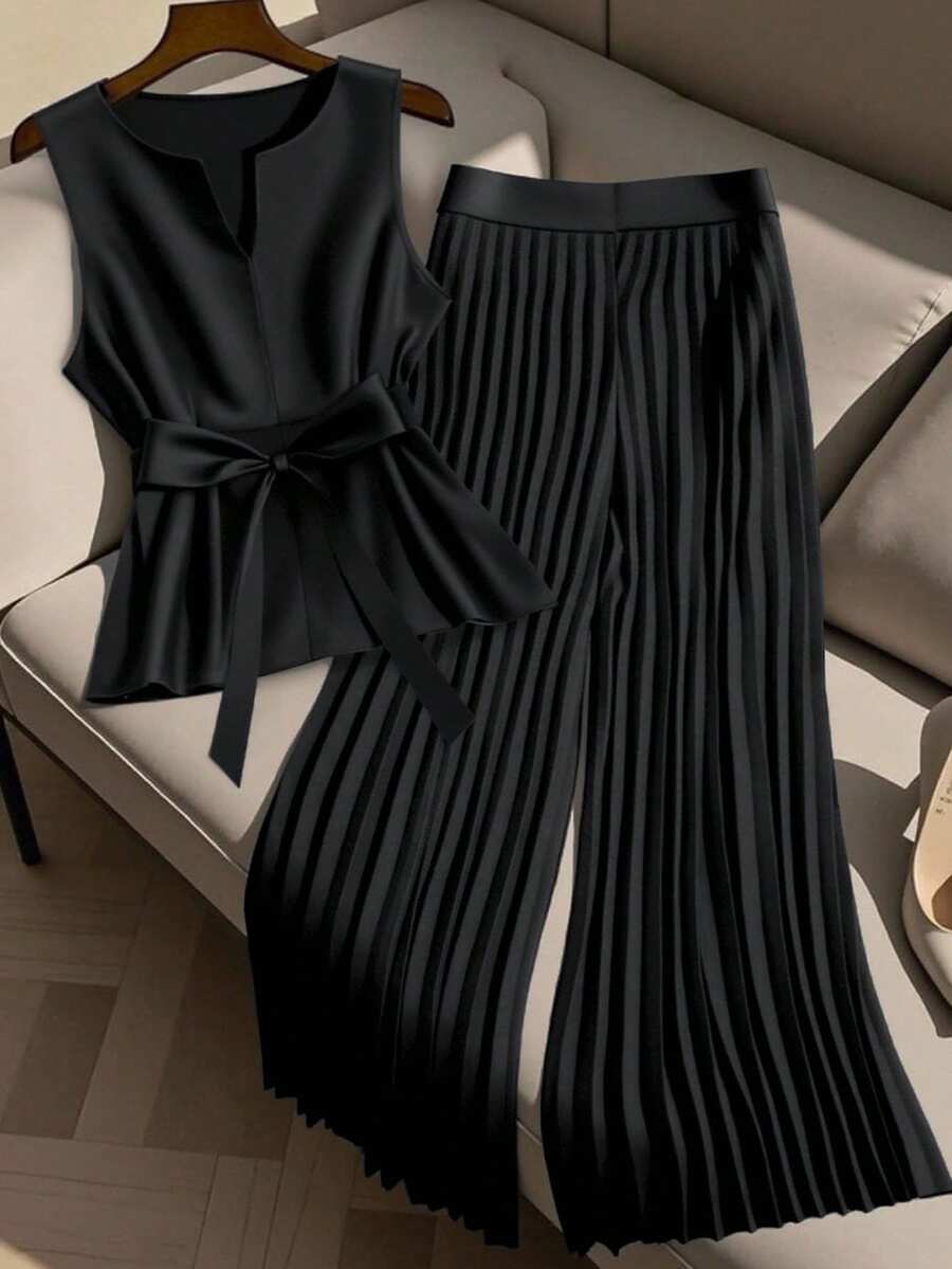 SHEIN PETITE Petite Women's Minimalist Commuter Pleated Straight Leg Pants + Sleeveless Blouse - Black - View 1