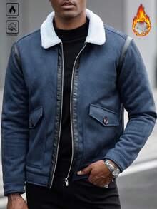 Manfinity CasualCool Men's Solid Color Casual Long Sleeve Thermal Lined Collar Fleece-Lined Jacket Men Blue Aviator Jacket Men Bomber Jacket Men Outerwear Blue Jacket