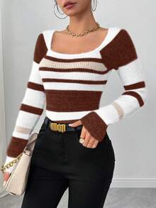 Louniche Suéter Elegante de Manga Longa com Estampa de Listras em Contraste