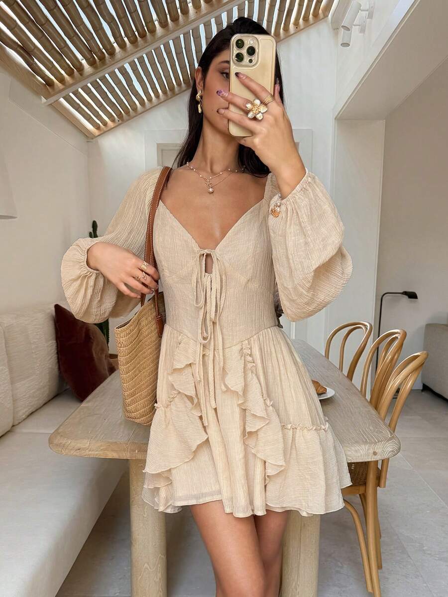 Serisse Fall Winter 2025Women's Solid Color Ruffle Tie-Front Jumpsuit, Beige Jumpsuit, Linen Jumpsuit,Beige Dress For Women Jumpsuit,Party Outfit , Beach Outfits For Women,Elegant Jumpsuit,Thanksgiving Outfit For Women,Fashionable & Versatile, New Year Outfit ,Christmas Outfit For Women,Cozy Fall And Winter Clothes For Women ,French Style Clothes, Brunch Outfit, Commuting, Office , Minimalist, Elegant, Vintage, Perfect For Everyday Outfits, French Fashion Style