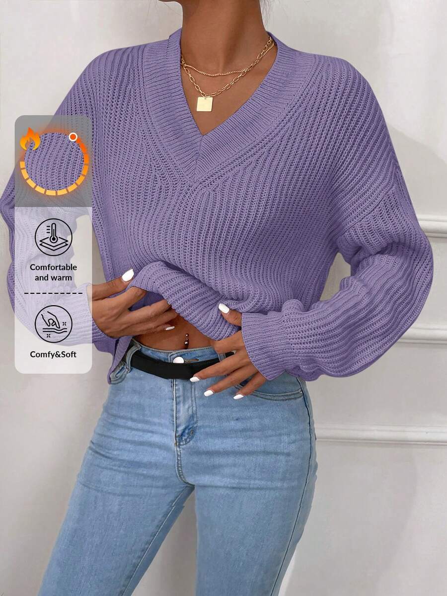 SHEIN Cottnline V Neck Drop Shoulder Sweater - Mauve Purple - View 1