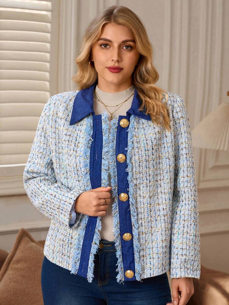 Plus Size Women's Fashionable Casual Frayed Button Long Sleeve Jacket/Winter Winter Clothes For Women Cozy Fall And Winter Clothes For Women