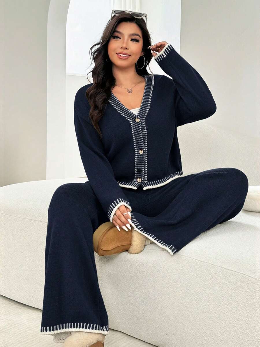 Solflare Bộ quần ống rộng và áo khoác cardigan cài nút tương phản cỡ lớn dành cho nữ, phù hợp để đi làm hàng ngày, mùa thu/đông - Màu xanh hải quân - Xem 1