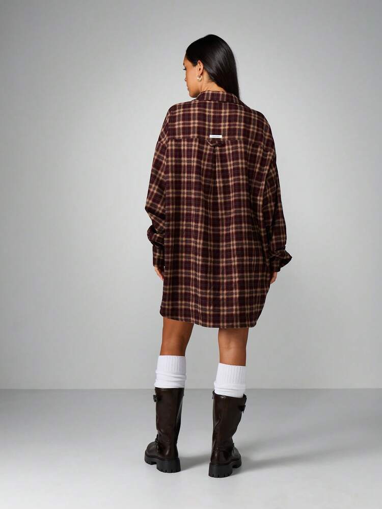 MISSGUIDED Oversized Checked Button Down Shirt Dress With Collar And Long Sleeves For Casual Autumn Winter Wear