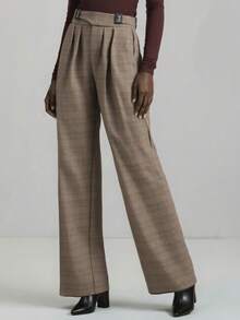 Ontre 2025年新款女式格子裤，都市时尚风格，极简舒适，棕色，复古，D形环扣，休闲裤，商务休闲，通勤装，返校季 - 摩卡棕 - 查看 1