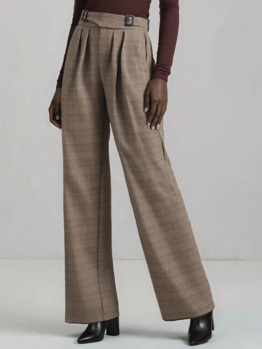 Ontre 2025年新款女式格子裤，都市时尚风格，极简舒适，棕色，复古，D形环扣，休闲裤，商务休闲，通勤装，返校季 - 摩卡棕 - 查看 1