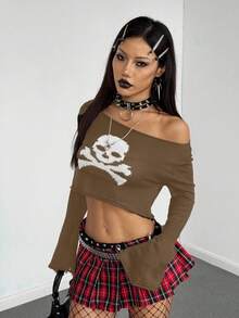 StreetHx New Halloween Black & White Hollow Out Cropped Loose Fashionable Mischievous Dark Bell Sleeve Sweater - Brown - View 3