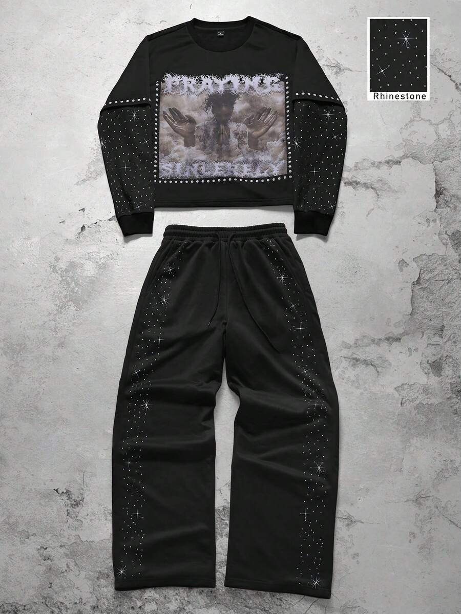 PAVTROS 男士极简印花圆领长袖卫衣长裤套装 男士两件套 男士两件套 男士套装 男士水钻运动裤套装 男士两件套 水钻男士套装 男士两件套 拼接男士运动裤套装 男士两件套，秋季服装 - 黑色 - 查看 1