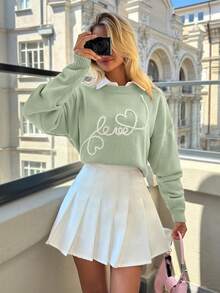 EURMUSE Casual Contrast Color Love And Heart Shape Pattern Embroidery Crew Neck Cute Sweater - Mint Green - View 6