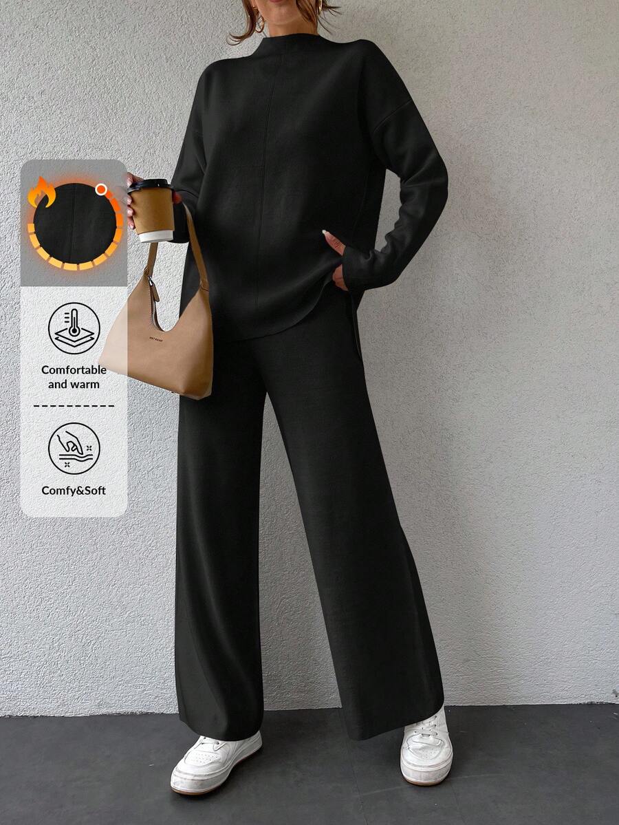 EURMUSE Stand-Collar Long-Sleeved Sweater And Knitted Trousers Two-Piece Set - Black - View 1