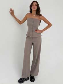 Aloruh Conjunto de traje de mujer gris moderno de oficina, sin tirantes, ajustado y recto - Caqui - Ver 3