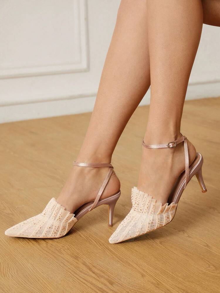 CUCCOO HITCHD Women's Champagne Mesh Patchwork Ruffle Pointed Toe Stiletto Mid Heel Elegant Glamorous Romantic Sexy Fashion High Heel Sandals, Suitable For Formal Occasions, Weddings, Parties, Dates, Holidays