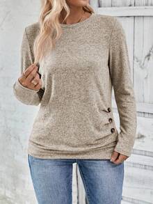 EMERY ROSE T-shirt décontracté à manches longues, col rond, avec boutons décoratifs et ourlet plissé, style vintage, tailles plus, automne/hiver - Nude - Voir 5