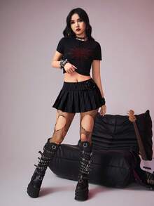 ROMWE Grunge Punk Falda mini ultrasilta plisada con detalles metálicos a rayas, escuela - Blanco y Negro - Ver 6