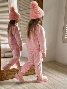 Winter Set Pink 2pcs Girls Autumn/Winter Furry Set, Including Stand Collar Half-Zip Jacket With Black Emblem On Pink Top; Matching Elastic Cuff Pants, Relaxed Fit For Everyday, Outdoor, School Wear Comfortable Fashion Cute Mischievous - Pink - View 2