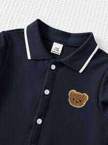 SHEIN 新生儿男女宝宝可爱卡通图案POLO领长袖连体衣，秋冬季婴儿运动服男宝宝连体衣棒球服藏蓝色男宝宝套装婴儿男童服装 - 藏蓝色 - 查看 6