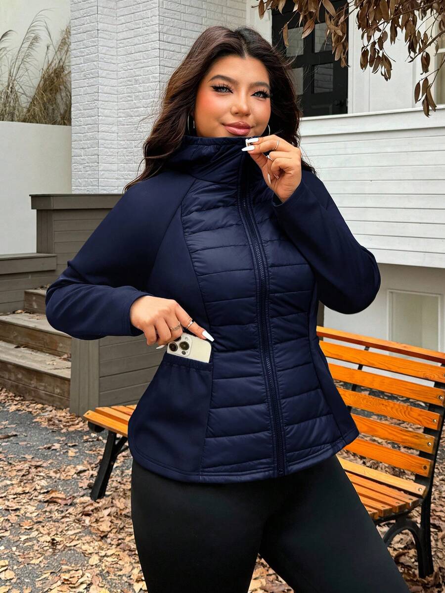 SHEIN EZwear 大码女式海军蓝连帽夹克，秋冬 - 藏蓝色 - 查看 1