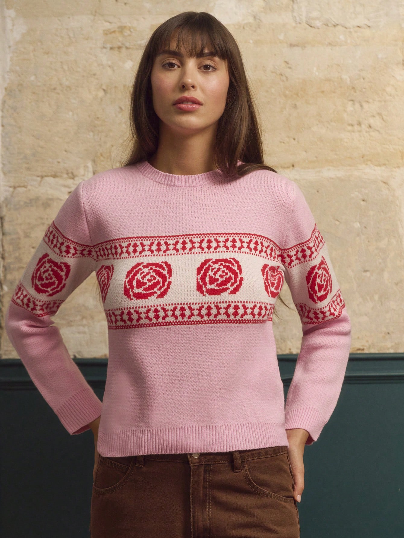 Pink Cosy Jumper With Red Floral Pattern Vintage Cute Winter Knitwear New Year Office Spring Summer