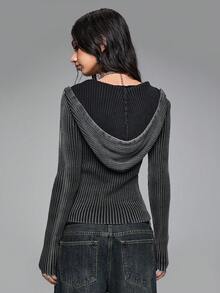 ROMWE Grunge Punk Punk Style Ribbed Zip-Up Hooded Cardigan For Women - Grey - View 3