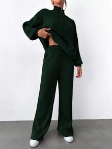 EURMUSE 2pcs Women's Half-Zip Rib Knit Long Sleeve Top And Long Pants Sweater Set - Dark Green - View 3