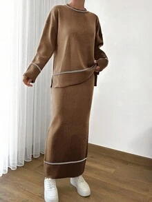 EURMUSE Women Solid Color Round Neck Drop Shoulder Stripe Pattern Pullover & Sweater Skirt Set - Brown - View 6