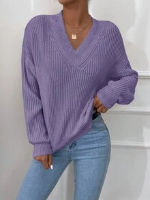 SHEIN Cottnline V Neck Drop Shoulder Sweater - Mauve Purple - View 5