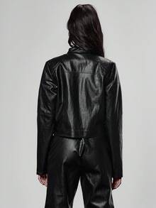 MUSERA Áo khoác da giả cổ cao, khóa kéo, thắt eo kiểu biker, áo thun phối sẵn, phong cách đường phố mùa đông, cá tính, dạo phố đêm, thường ngày, gợi cảm, màu đen huyền bí. - màu đen - Xem 2