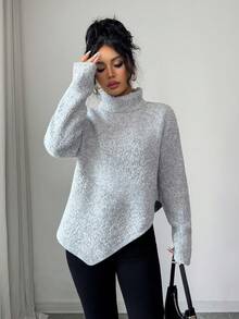 SHEIN Elenzya Patchwork Poncho Style Oversized Knit Sweater - Grey - View 6