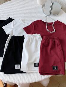 SHEIN 6件套男童/女童春夏简约纯色字母印花短袖T恤和松紧腰短裤套装 - 彩色 - 查看 6