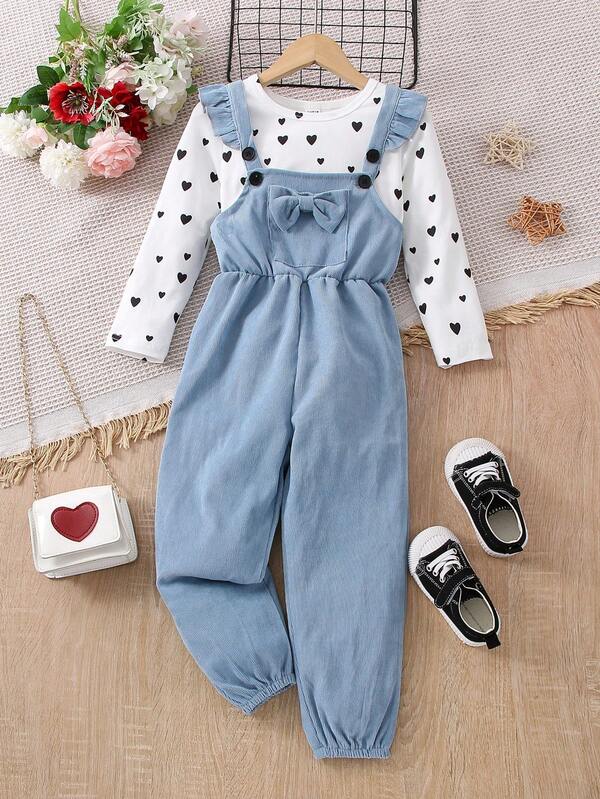 SHEIN Elladie kids Chica Joven Camiseta Estampada Con Corazones Y Petos Con Detalles De Lazo Y Ribetes Con Volantes