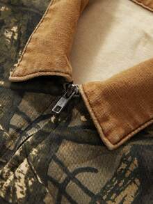 ROMWE MEN Street Life Chaqueta vaquera casual con cremallera y estampado de ramas de otoño para hombre