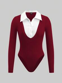 SHEIN EZwear 休闲简约修身白色领连体衣，搭配酒红色罗纹领口，二合一衬衫领连体衣，女士百搭款式，适合办公室穿着，秋冬季 - 酒紅色 - 查看 4