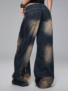 ROMWE Grunge Punk Quần jeans ống rộng cạp thấp màu xanh đậm cổ điển Y2K vá lỗi rách - Màu xanh lam - Xem 4