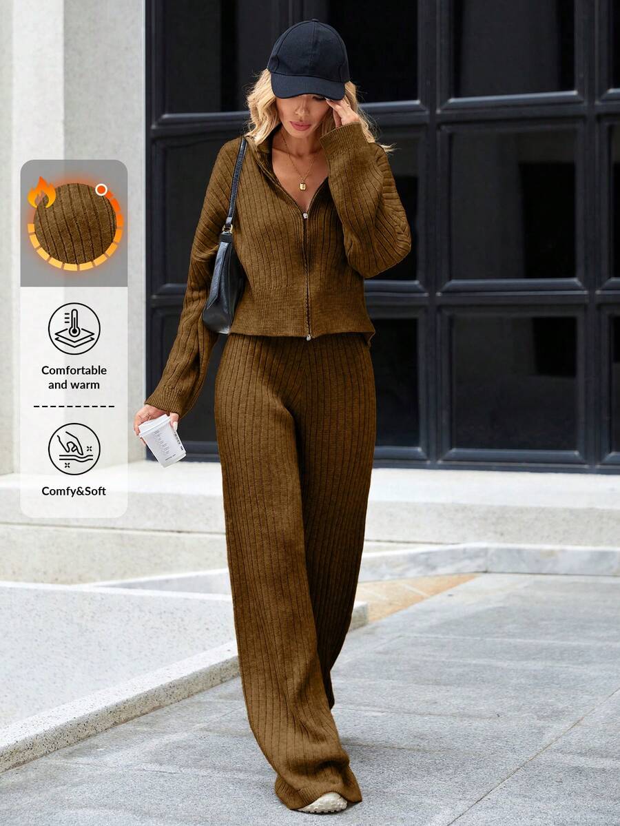SHEIN Cottnline 2pcs Women Solid Color Zipper Cardigan And Pants Knit Suit Set - Camel - View 1
