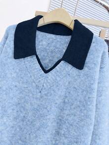 Franclia V-Neck 2 In 1 Long Sleeve Sweater, Autumn/Winter - Dusty Blue - View 5