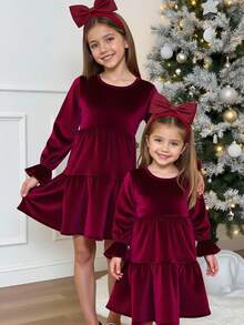 Easowa Abito elegante e lussuoso in velluto per giovani ragazze, con maniche a balze, gonna a-line svasata, stile vintage, adatto per feste, uso quotidiano, scuola, uscite, tessuto durevole, regalo perfetto per Natale e Ringraziamento - Bordò - Visualizzare 2